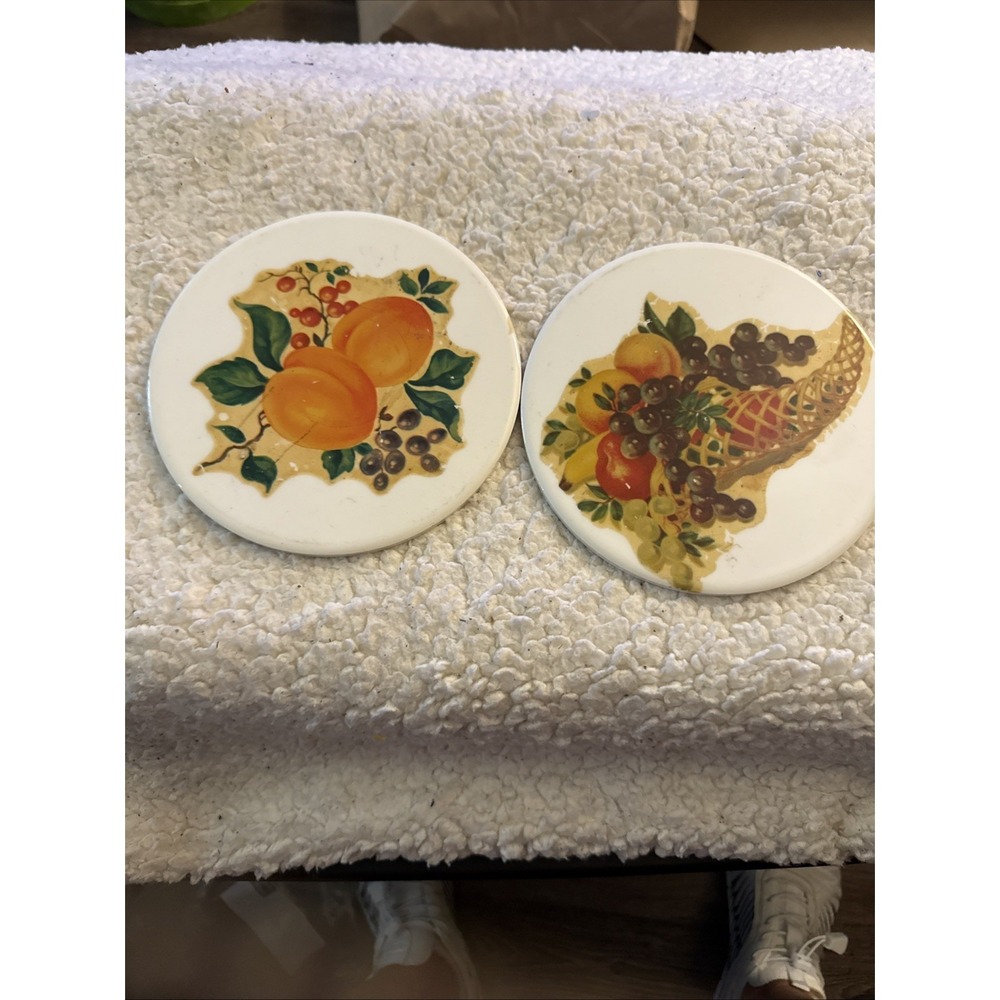 Pair of Hand Painted Fruit Ceramic Trivets Wheeling Pottery Company